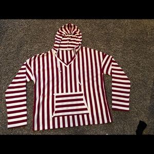 Red and cream knit hooded shirt